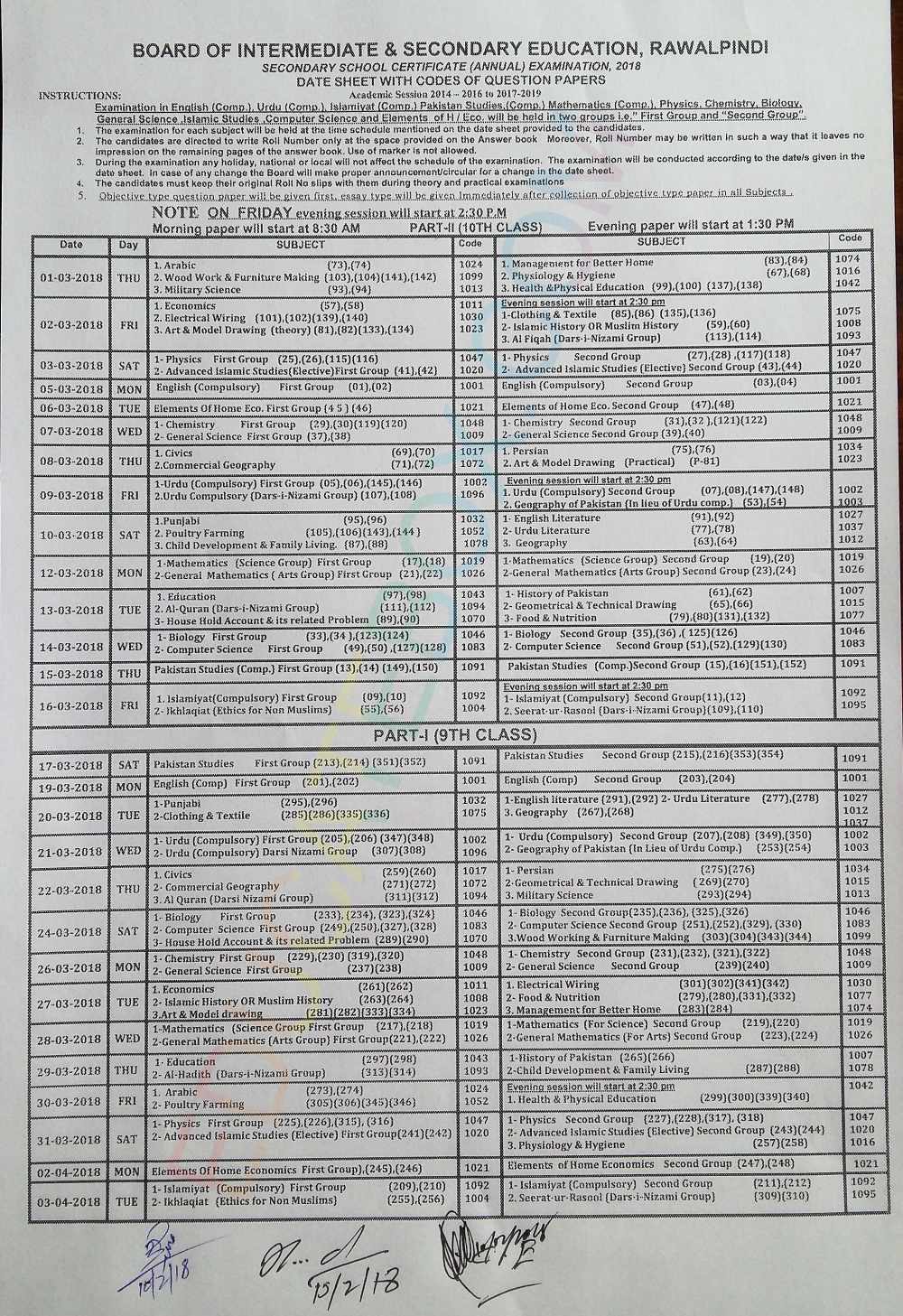 9th, 10th Date Sheet 2018 Rawalpindi Board (BiseRawalpindi) Matric