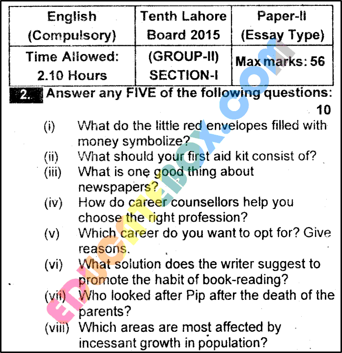 Past Paper - Class 10 English Lahore Board 2015 subjective Type Group 2 - page 1
