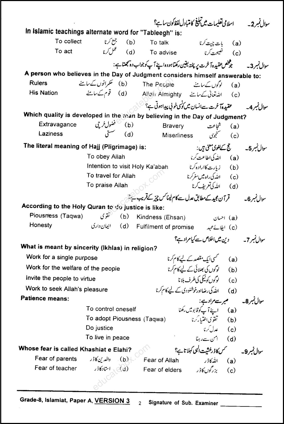 Past Paper Class 8 Islamiat PEC 2015 Part A Objective Ver 3