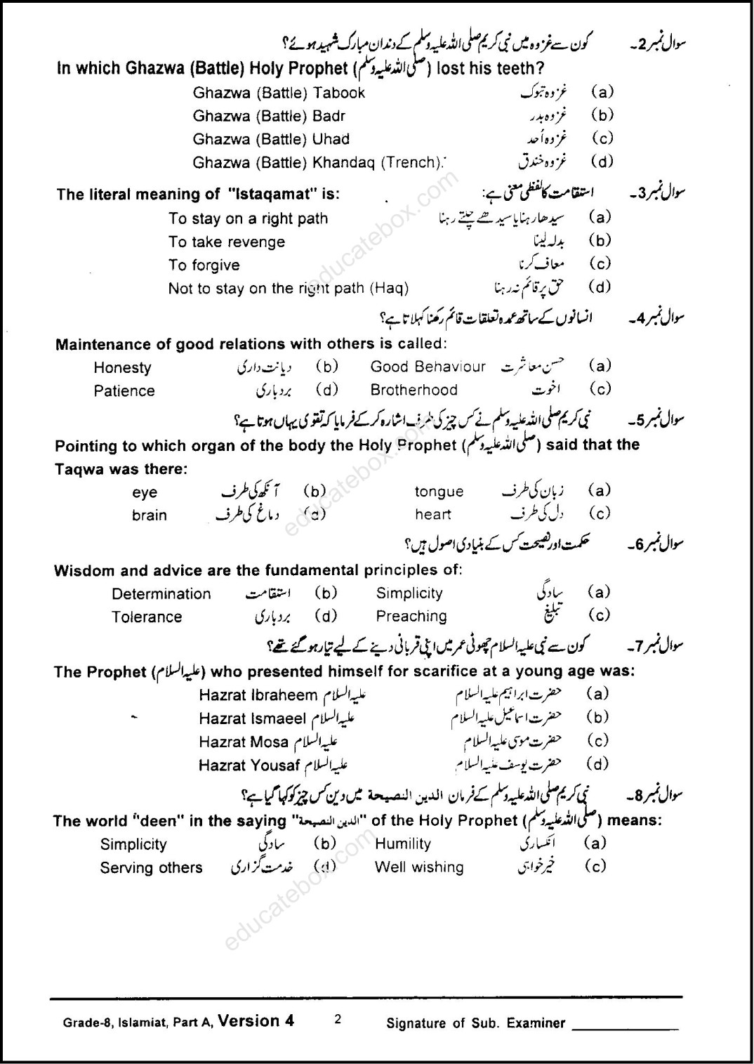 Past Paper Class 8 Islamiat PEC 2015 Part A Objective Ver 4 - Page 2