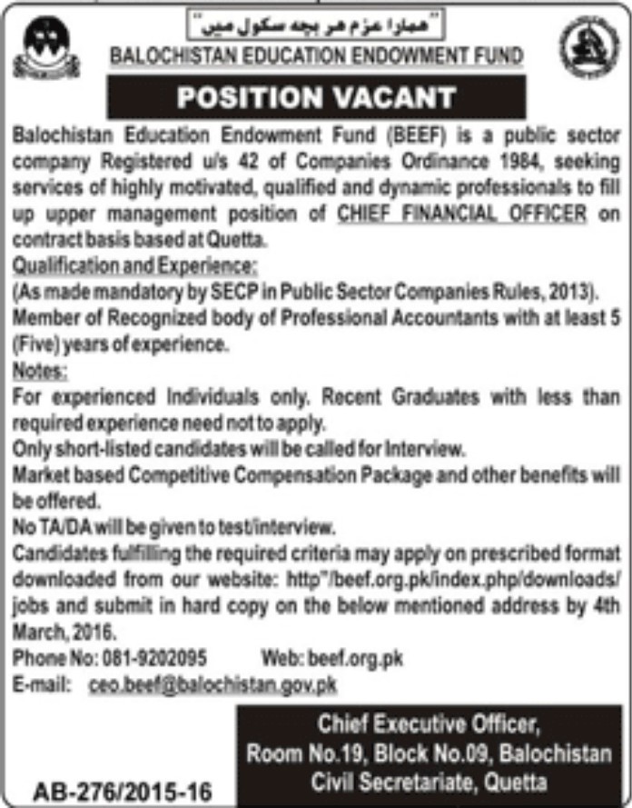 Jobs in Balochistan Education Endowment Fund for Chief Finanacial Officer