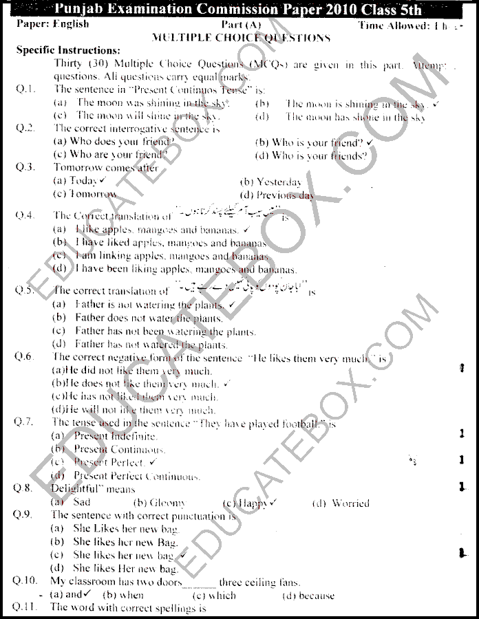 Past Paper English 5th Class 2010 Punjab Board (PEC) Solved Paper Objective Type - Page 1