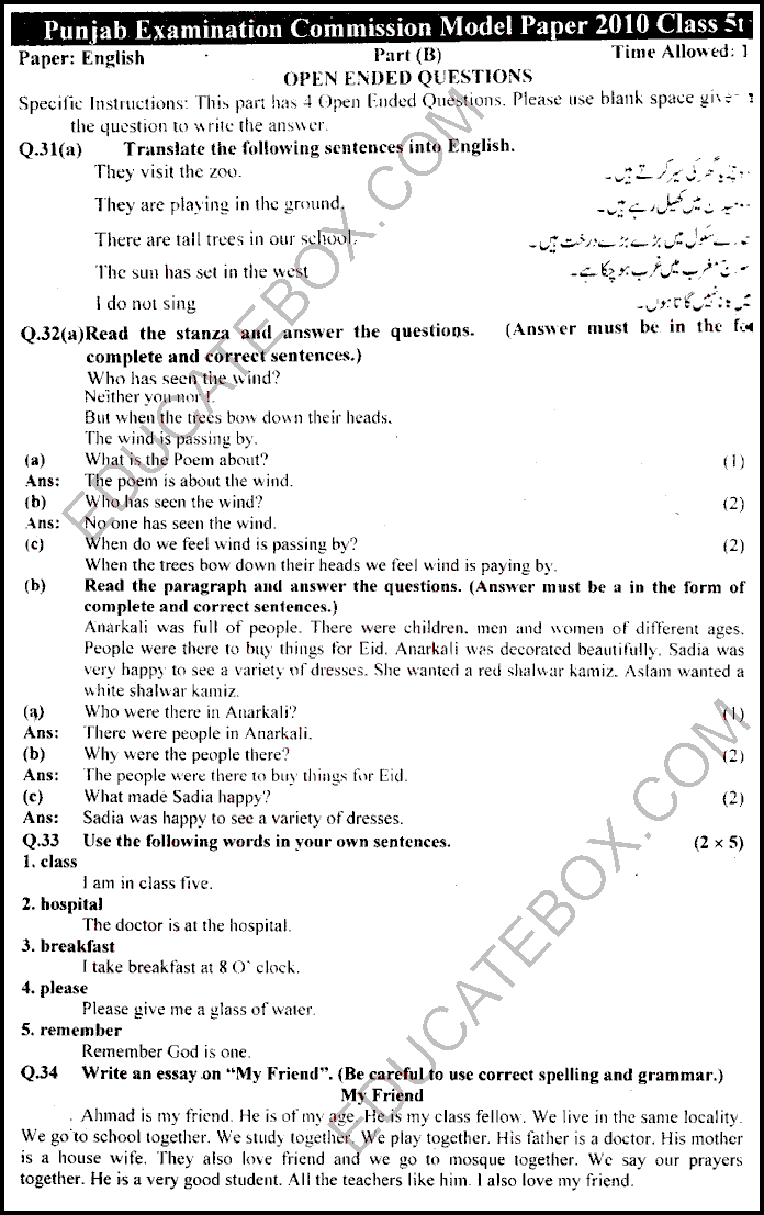 Past Paper English 5th Class 2010 Punjab Board (PEC) Solved Paper Subjective Type - Page 4