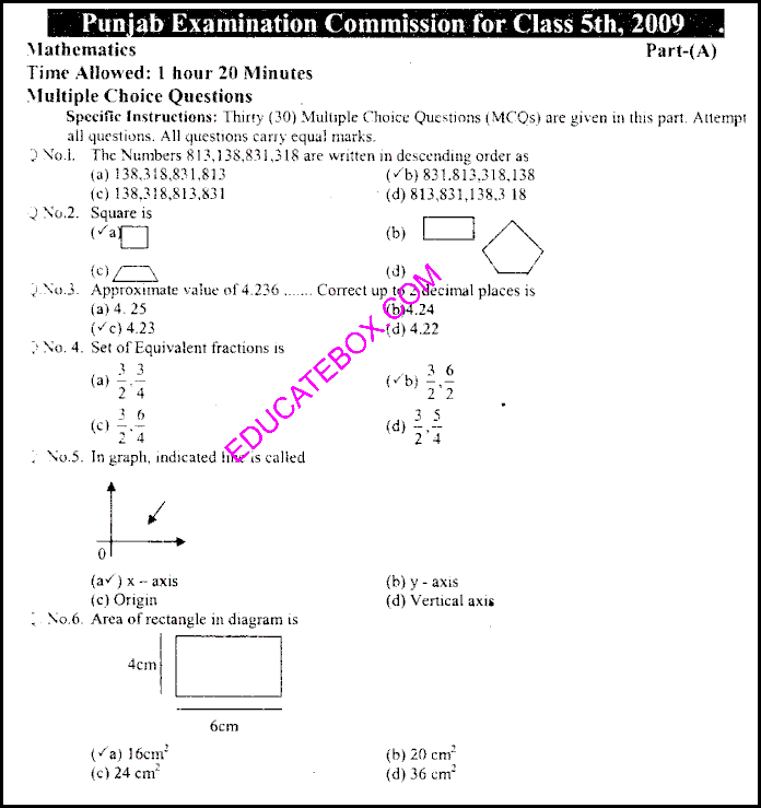 Past Paper Maths (English Medium) 5th Class 2009 Punjab Board (PEC) Solved Paper Objective Type- Page 1