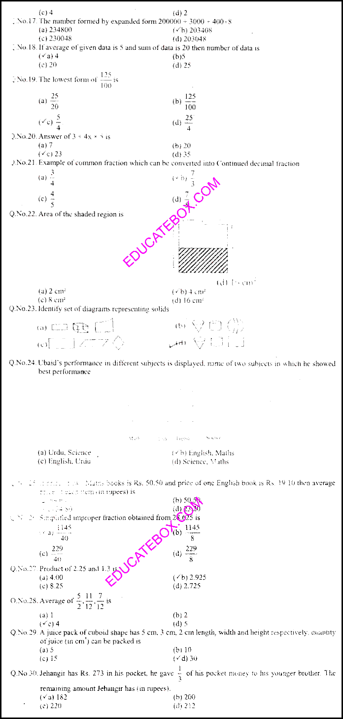 Past Paper Maths (English Medium) 5th Class 2009 Punjab Board (PEC) Solved Paper Objective Type- Page 3