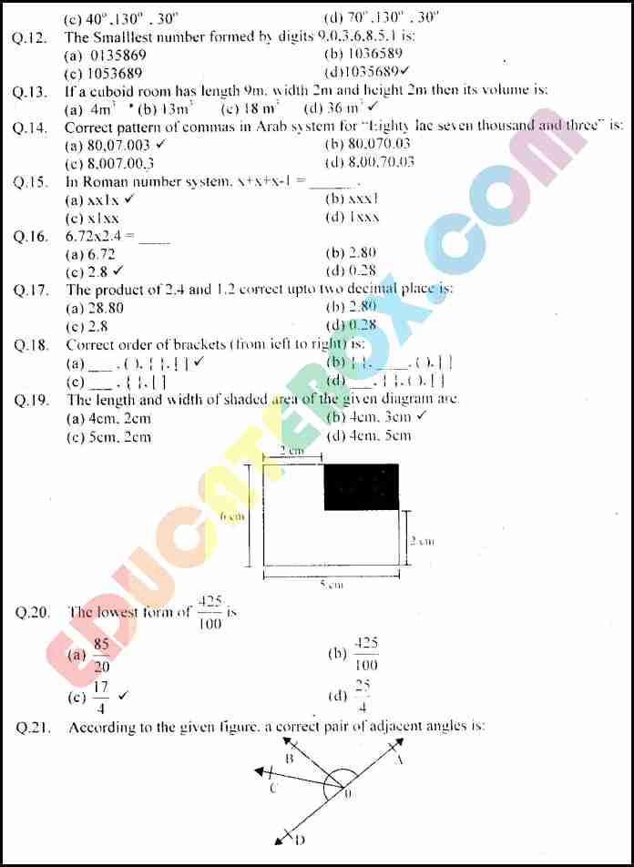 Past Paper Maths (EM) 5th Class 2010 Punjab Board (PEC) Solved Paper Objective Type - Page 2