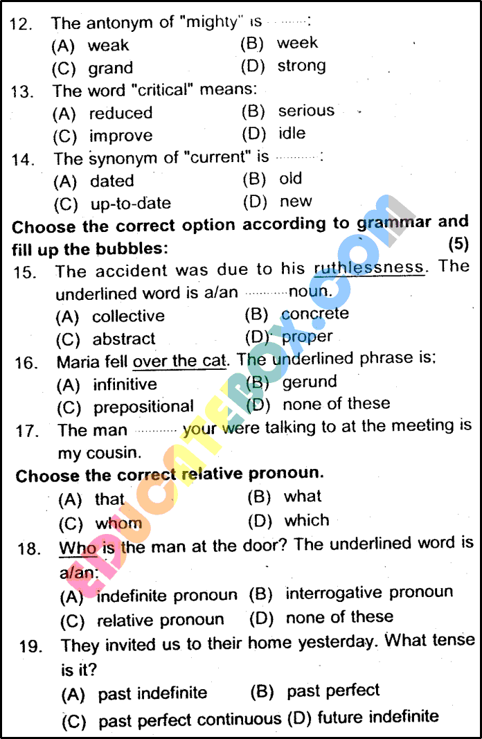 Past Paper 10th Class English Gujranwala Board 2016 Objective Type Group 2 Page 2