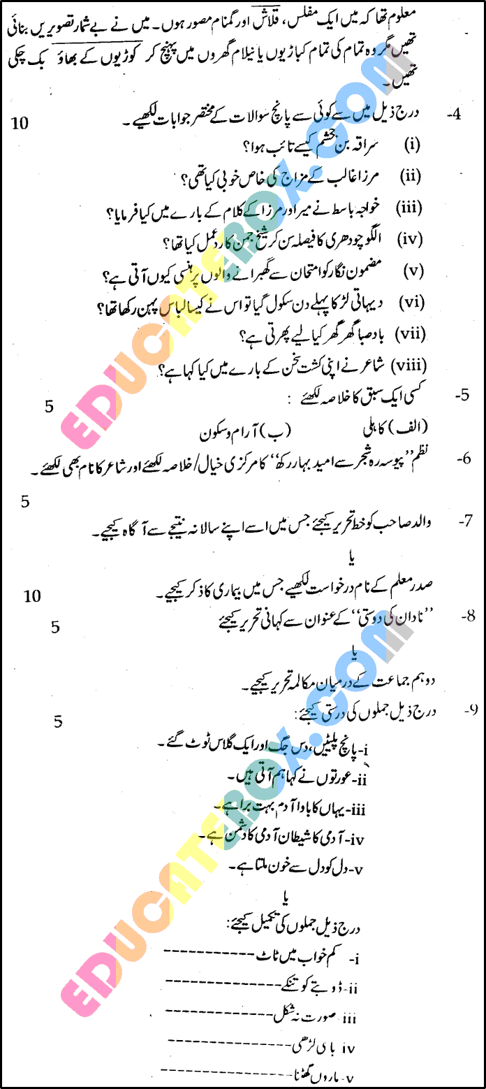 Past Paper 9th Class Urdu Lahore Board 2015 Subjective Type Group 1 Page 4