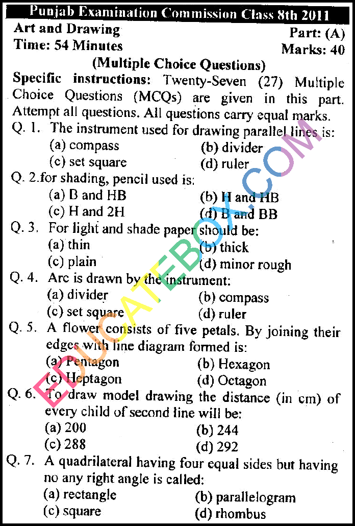 Past Paper 8th Class Art and Drawing (English Medium) Punjab Board (PEC) 2011 Objective Type Page 1
