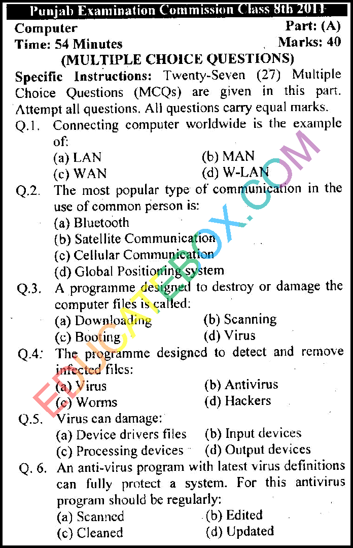 Past Paper 8th Class Computer Punjab Board (PEC) 2011 Objective Type Page 1