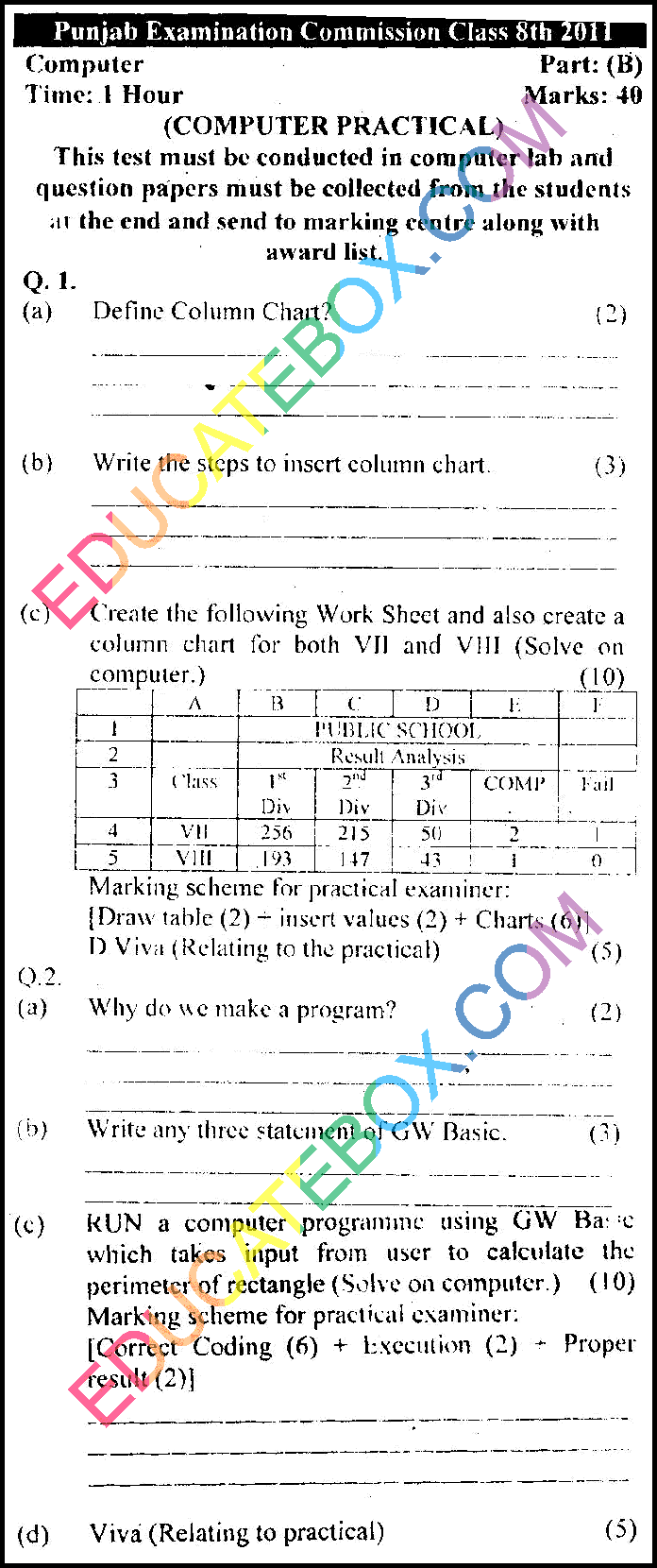 Past Paper 8th Class Computer Punjab Board (PEC) 2011 Practical Type Page 5