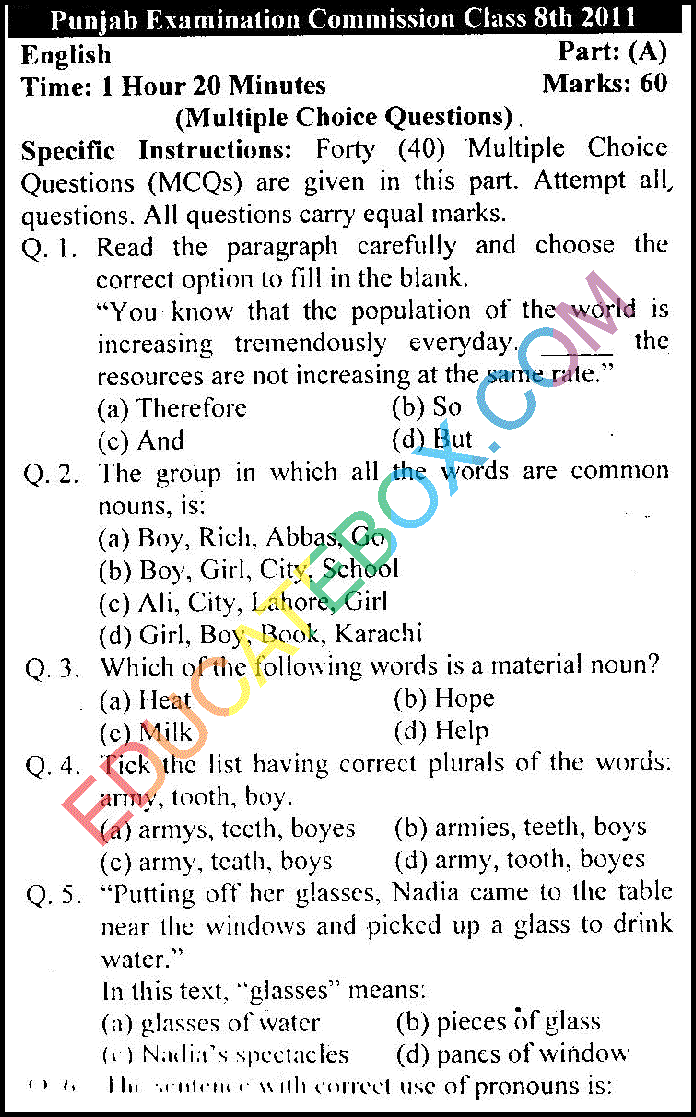 Past Paper 8th Class English Punjab Board (PEC) 2011 Objective Type Page 1