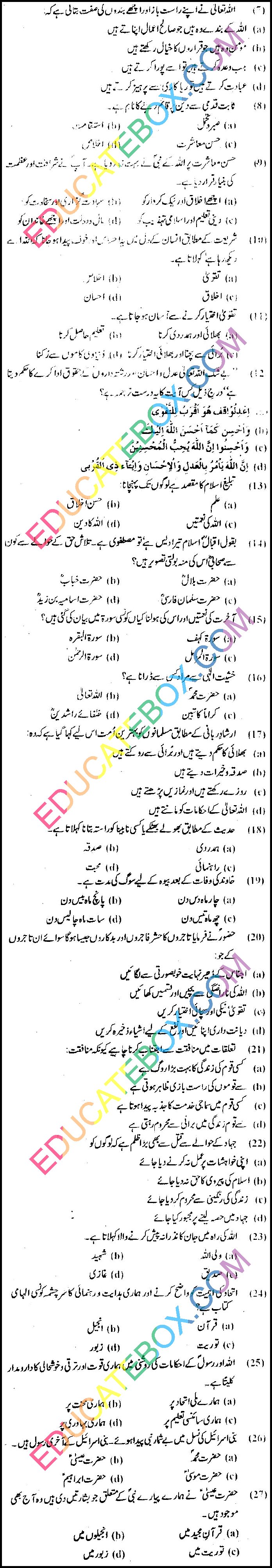 Past Paper 8th Class Islamiat Urdu Medium Punjab Board (PEC) 2011 objective type Page 2