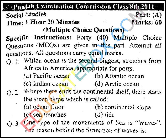 Past Paper 8th Class Social Studies Punjab Board (PEC) 2011 Objective Type Page 1