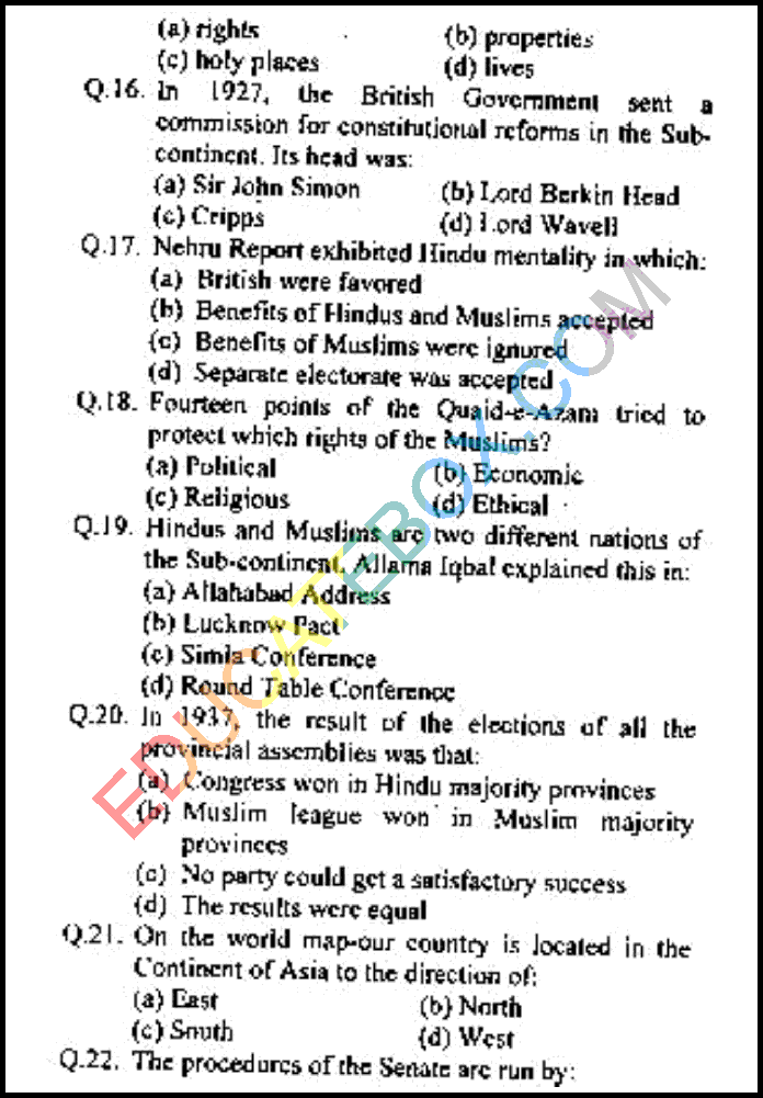 Past Paper 8th Class Social Studies Punjab Board (PEC) 2011 Objective Type Page 4