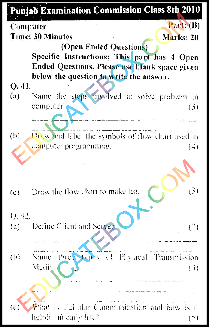 Past Paper 8th Class Computer (EM) Punjab Board (PEC) 2010 Subjective Type