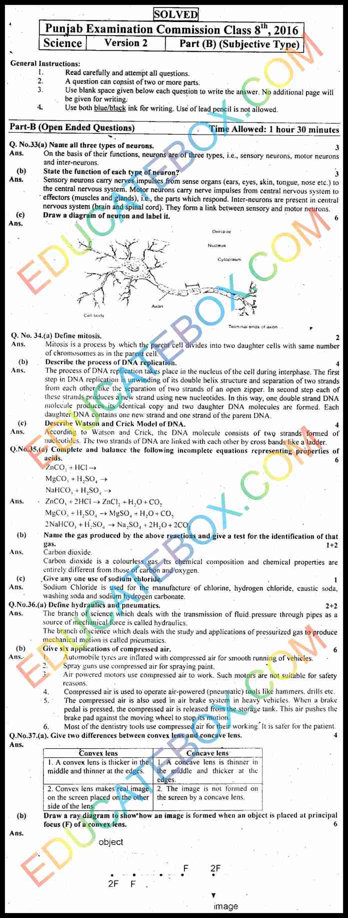 Past Paper 8th Class Science 2016 Solved Paper Punjab Board (PEC) Subjective Type Version 2
