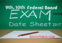 Matric Date Sheet 2017 Federal Board (FBise) Islamabad 9th, 10th Date Sheet 2017 Federal Board (FBise) Islamabad Matric Papers