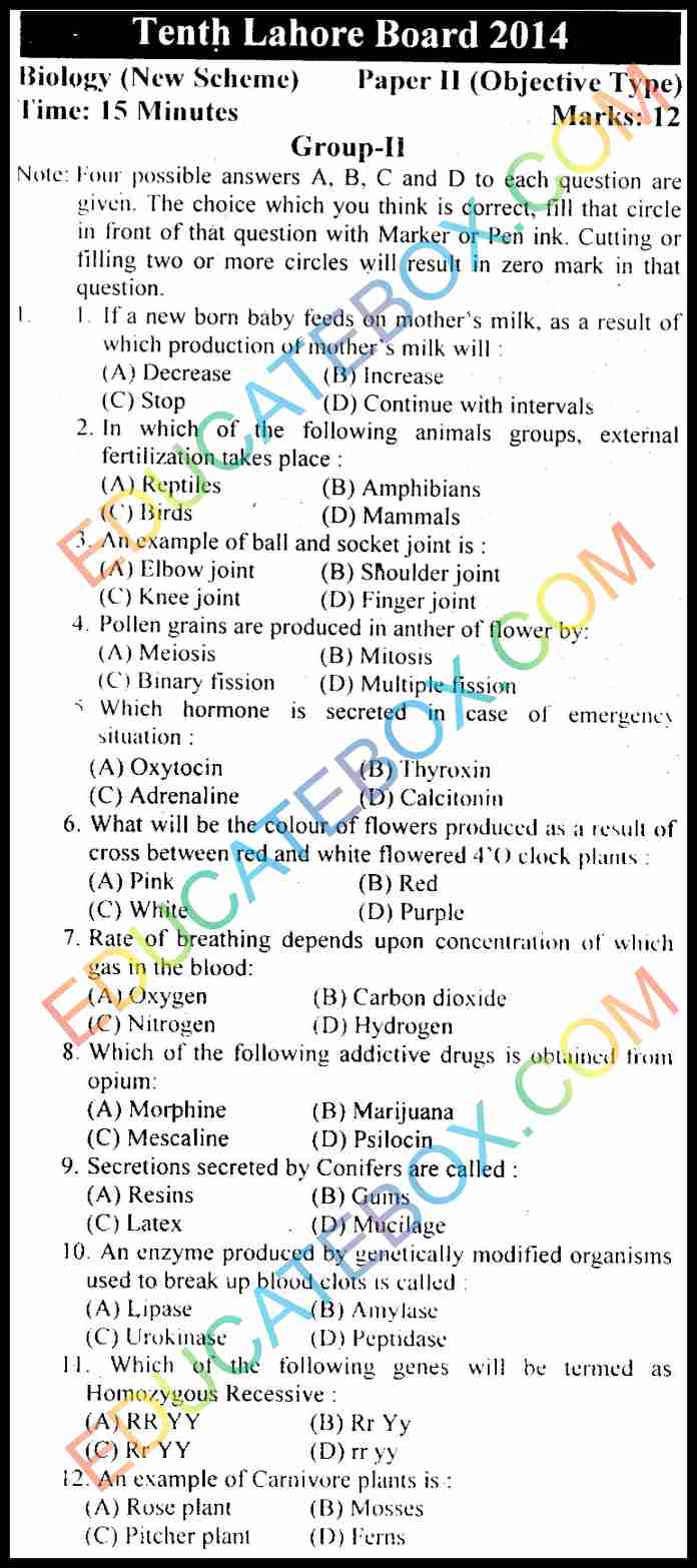 Past Paper 10th Class Biology Lahore Board 2014 English Medium Group 2 Objective Type