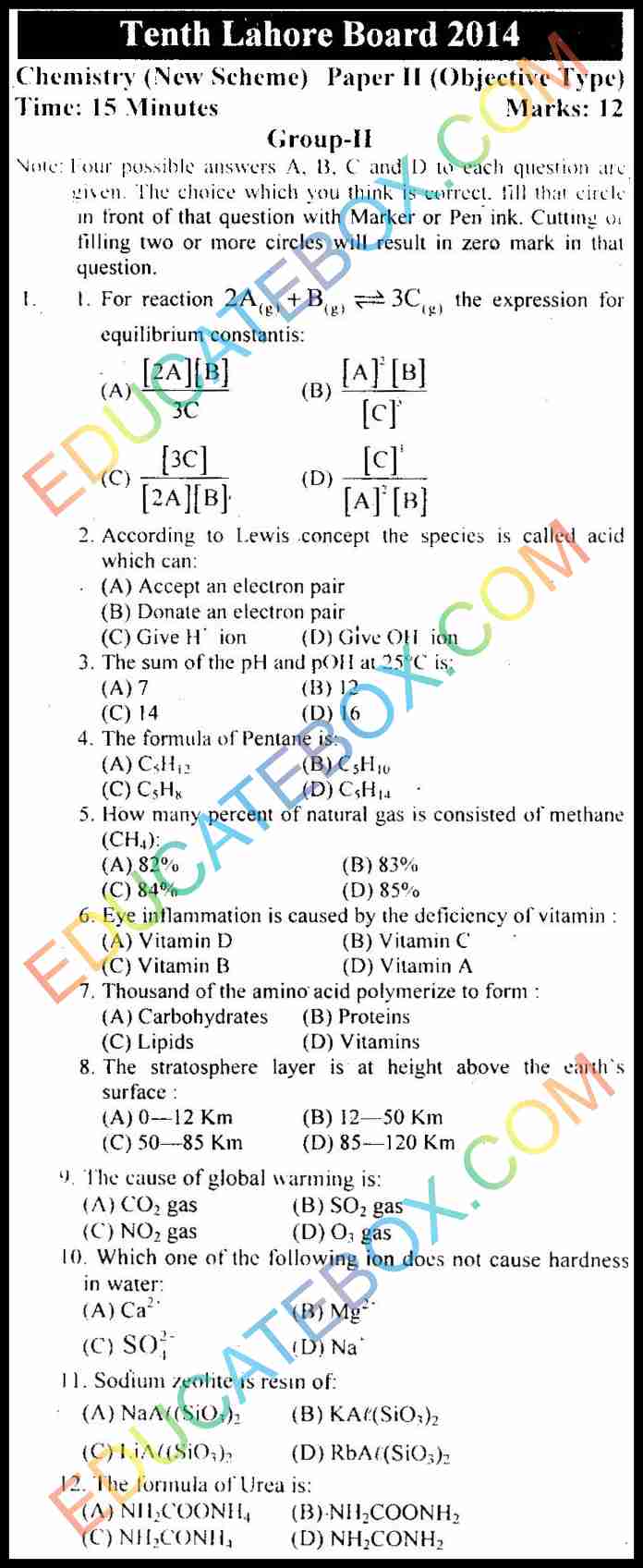 Past Paper Class 10 Chemistry Lahore Board 2014 Objective Type Group 2