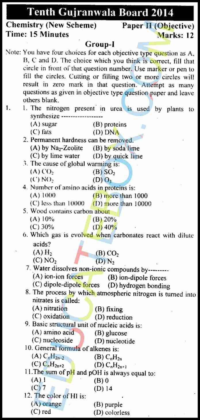 Past Paper Class 10 Chemistry Gujranwala Board 2014 Objective Type Group 1
