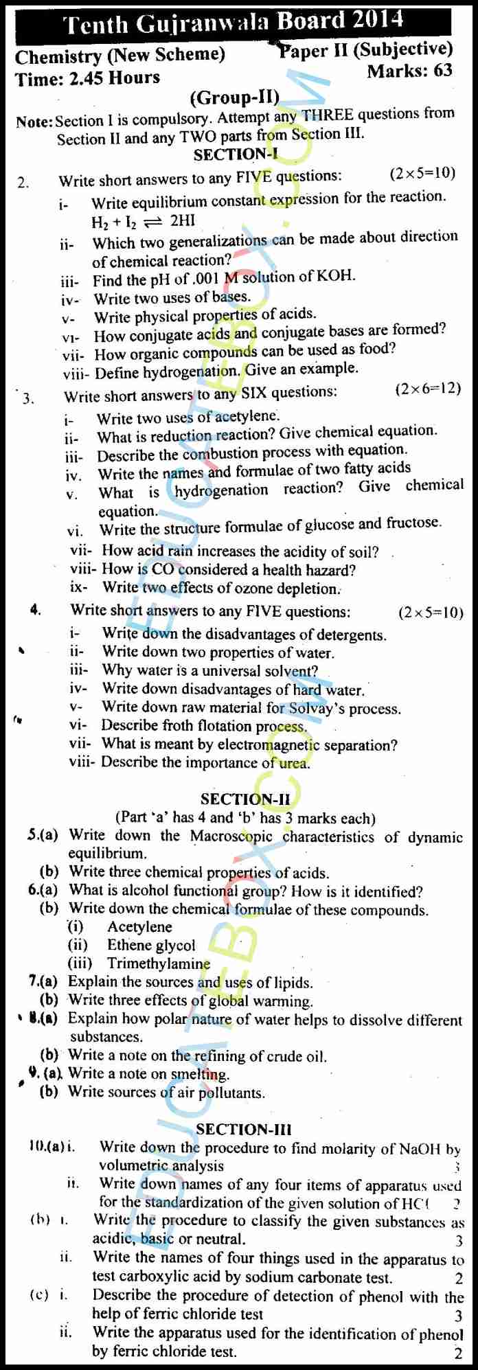 Past Paper Class 10 Chemistry Gujranwala Board 2014 Subjective Type Group 2