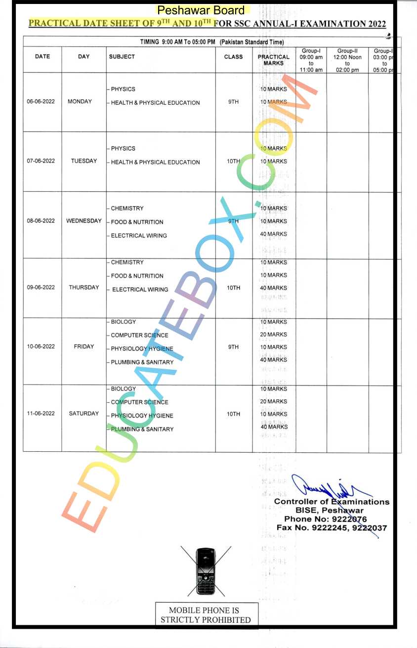 9th, 10th Practical Date Sheet 2022 Peshawar Board (BisePeshawar) Matric Exams
