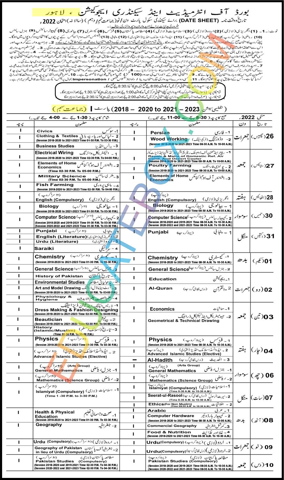 9th class 2022 date sheet of Lahore Board