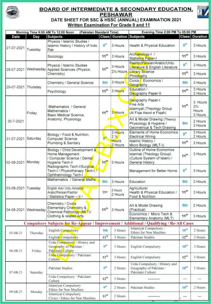 BISE Peshawar (1st Year, 2nd Year) Intermediate Date Sheet 2021