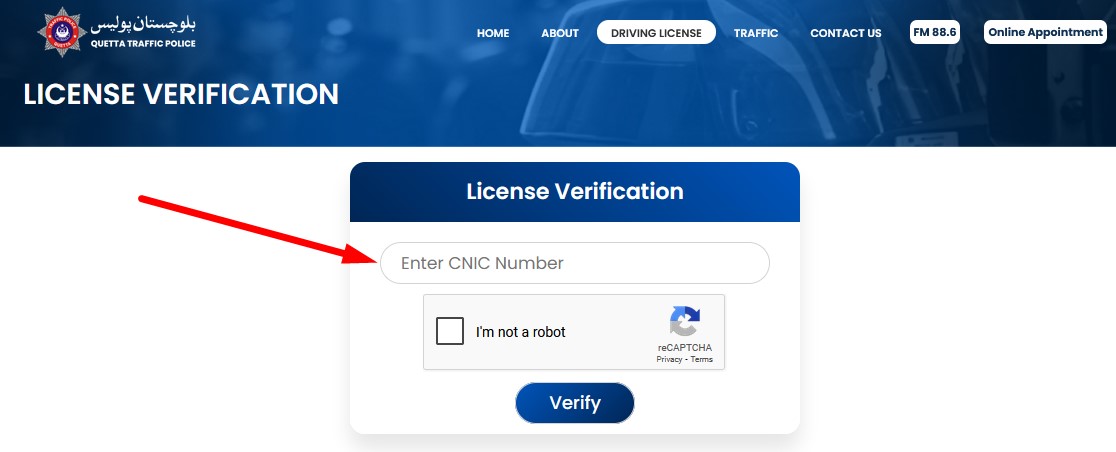 quetta traffic police website for driving licence verification