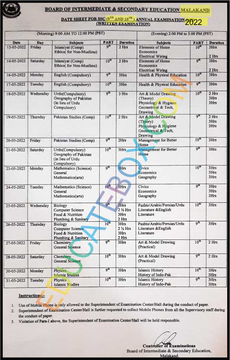 9th 10th Date sheet 2022 Malakand Board (BiseMalakand)