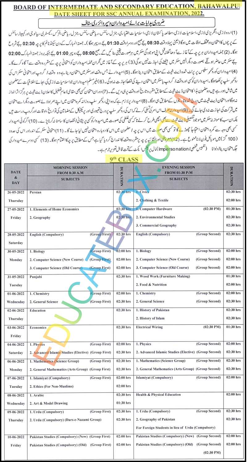 9th Class Date sheet 2022 Bahawalpur Board (Bisebwp)