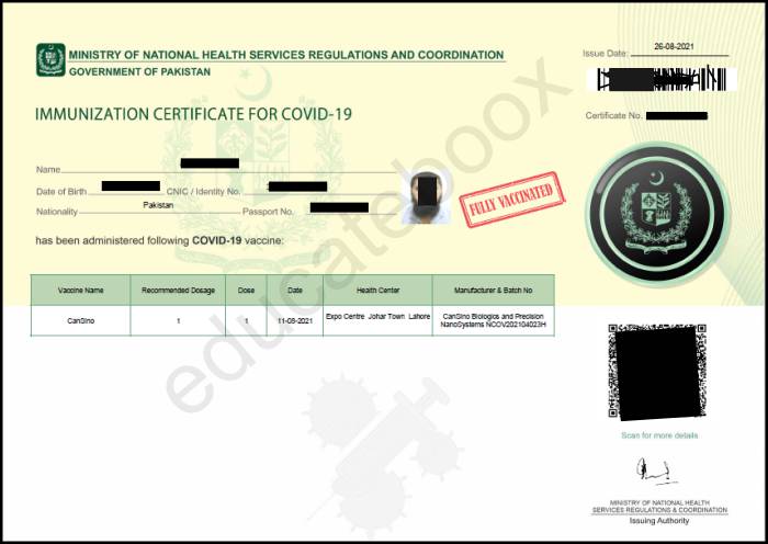 Sample Vaccination Certificate in Pakistan